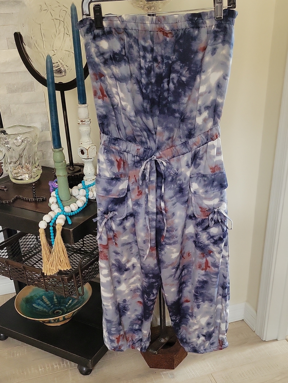 Tie-Dye Strapless Jumpsuit with Cargo Pockets - Blue/White/Brown